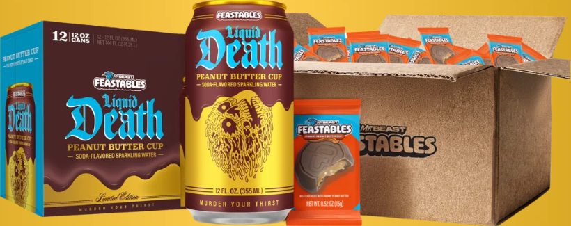 Liquid Death x Feastables Peanut Butter Cup sparkling water cans and box